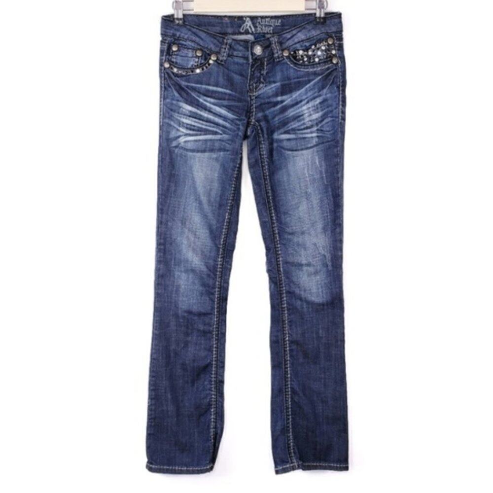 Buckle Antique Rivet Factory Distressed Rhinestone Pocket Boot Cut Low Rise Jean - Picture 2 of 6